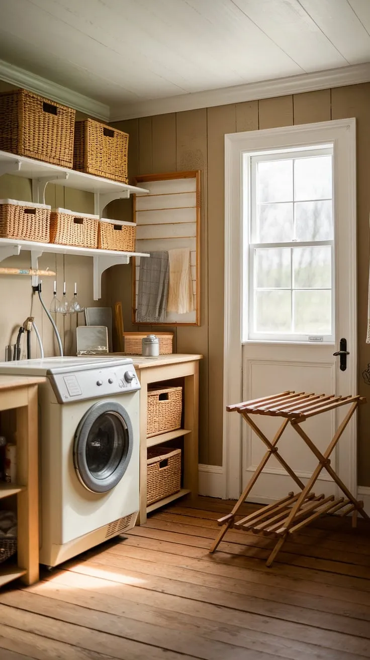 This laundry room makeover transformed a simple space into a delightful farmhouse utility room.  The earthy color scheme and thoughtful laundry room design, including ample storage and natural light, create a welcoming and functional country laundry rooms atmosphere.