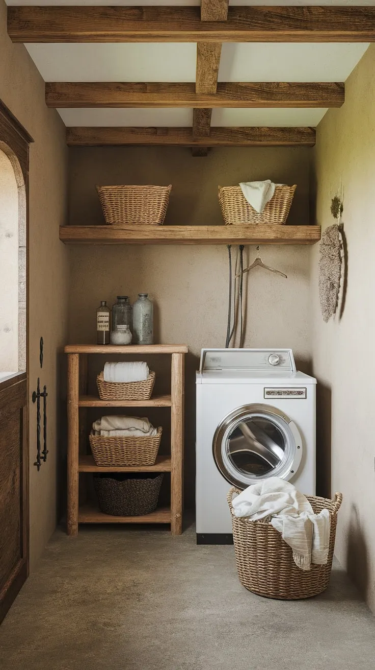 A laundry room makeover doesn't get more charming than this.  This earthy laundry room, nestled within a farmhouse utility room, boasts a rustic elegance.  The thoughtful laundry room design, complete with vintage details and a warm color palette, is the epitome of country laundry rooms.