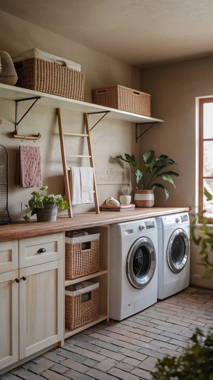 A dreamy laundry room makeover! This earthy laundry room design transforms a simple farmhouse utility room into a space brimming with country laundry rooms character.  The laundry room remodel effortlessly blends rustic elements with modern functionality, showcasing a unique and inspiring laundry room design.  From the brick floor to the vintage appliances, every detail contributes to the overall charm.