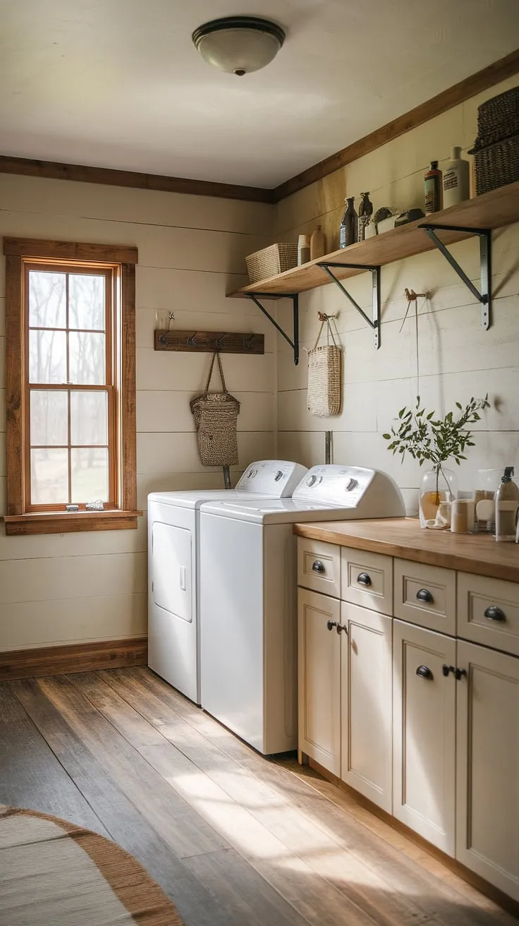 Warmth and practicality meet in this stunning laundry room design.  The earthy laundry room features a thoughtful layout and a fresh take on country laundry rooms, making this farmhouse utility room a dream come true.  A successful laundry room remodel that's both stylish and efficient.