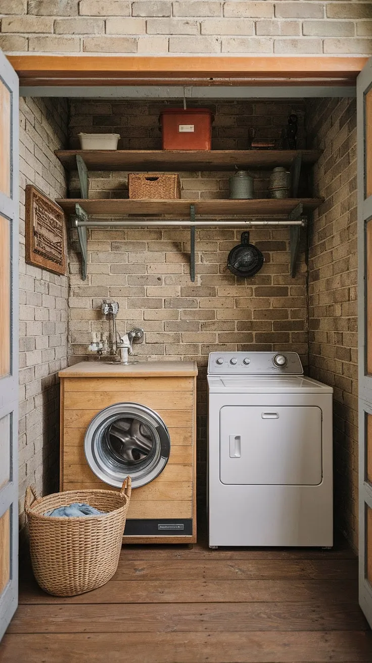 This country laundry rooms design is the epitome of rustic elegance.  A laundry room remodel that breathes new life into a farmhouse utility room, this space seamlessly blends vintage charm with modern practicality.  The earthy laundry room aesthetic, highlighted by the aged wood and exposed brick, creates a welcoming atmosphere.  This laundry room makeover is a masterclass in thoughtful laundry room design.