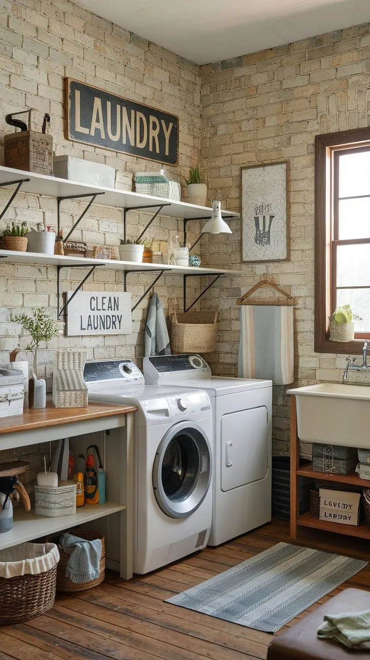 This farmhouse utility room remodel is the epitome of earthy laundry room design.  The exposed brick, vintage details, and functional layout create a country laundry room aesthetic that's both charming and practical.  A perfect blend of form and function for a laundry room makeover that truly shines.