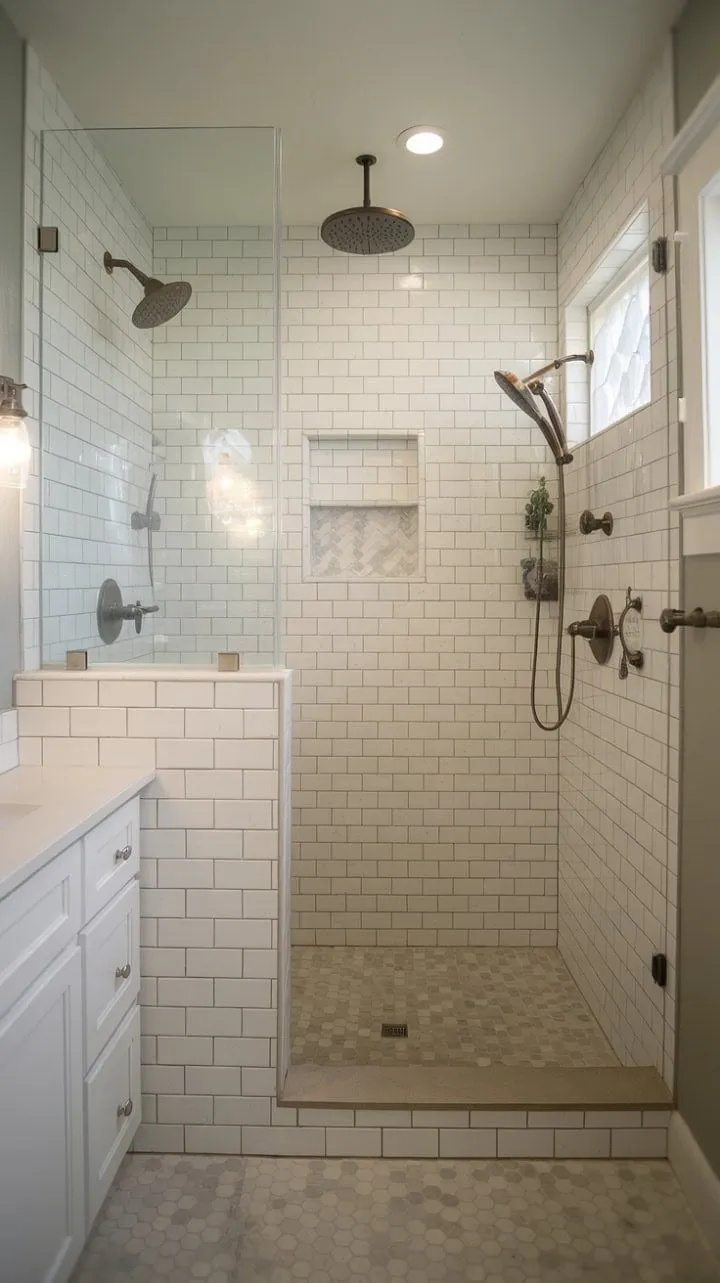 Experience ultimate relaxation in a doorless walk-in shower adorned with soothing beige and white tiles, a rainfall showerhead, and farmhouse charm.