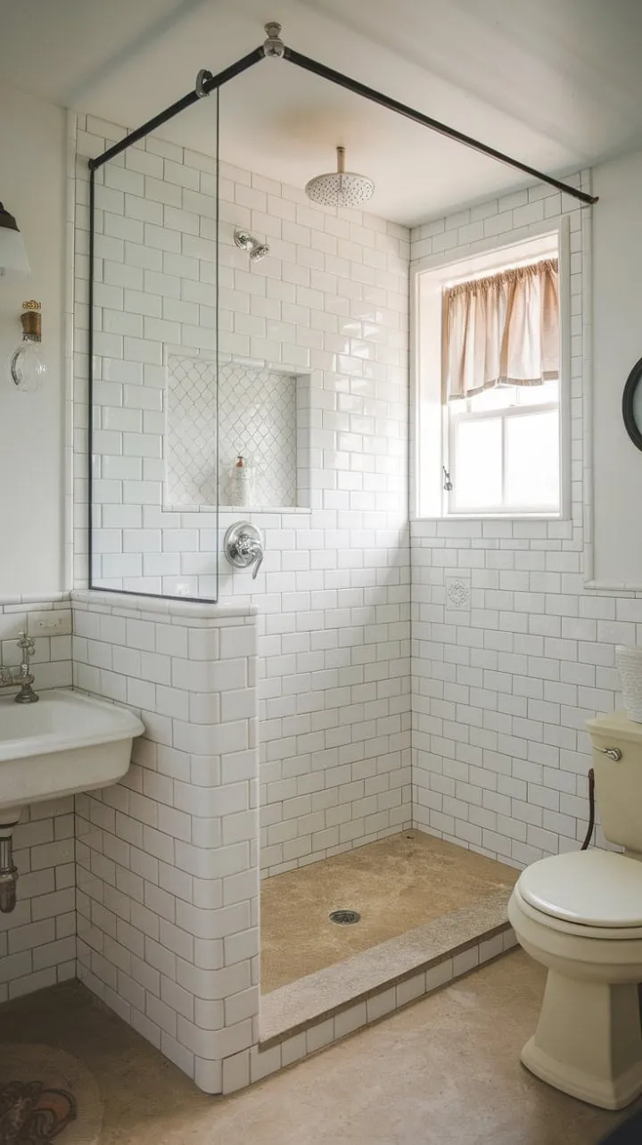 Bathed in sunlight, this serene bathroom blends classic farmhouse charm with modern elegance, featuring a luxurious walk-in shower and vintage fixtures for a tranquil retreat.