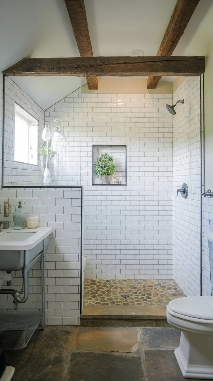 This master bathroom harmoniously fuses vintage charm with modern convenience, featuring an exposed wooden beam and a subway tile shower for a stylish and serene retreat.