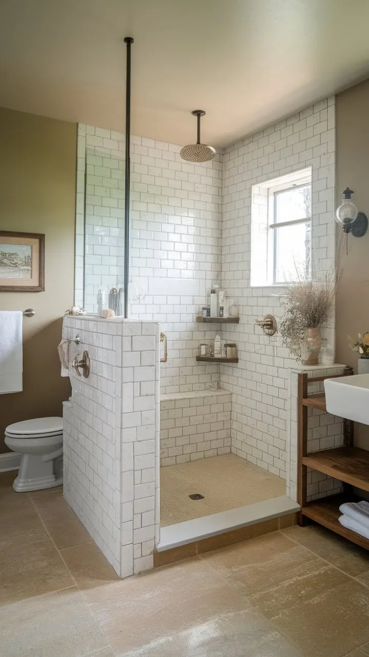 This farmhouse master bathroom refresh elegantly blends vintage charm with modern luxury, featuring a rainfall shower and rustic wooden accents for a serene retreat.