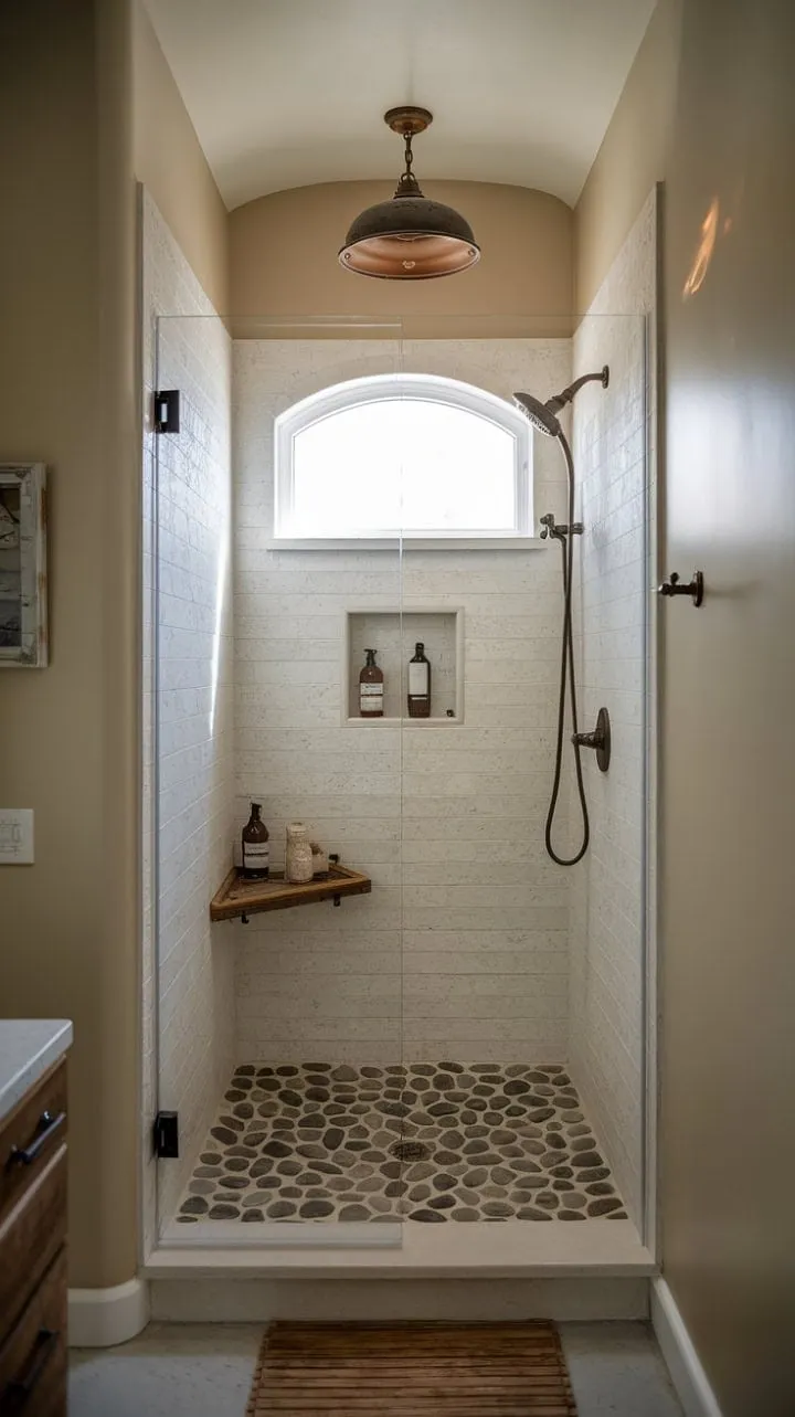 Experience serene elegance in this charming farmhouse shower, where rustic stone and wood create a spacious, inviting retreat.