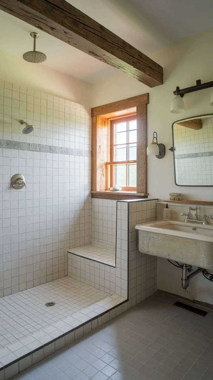 This farmhouse master bathroom beautifully combines rustic charm and modern luxury, featuring a spa-like open shower and handcrafted details bathed in natural light.