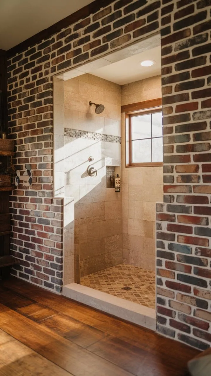 Bathed in sunlight, this farmhouse master bathroom harmoniously blends rustic charm with elegant design, featuring a natural stone shower and warm wooden floors.
