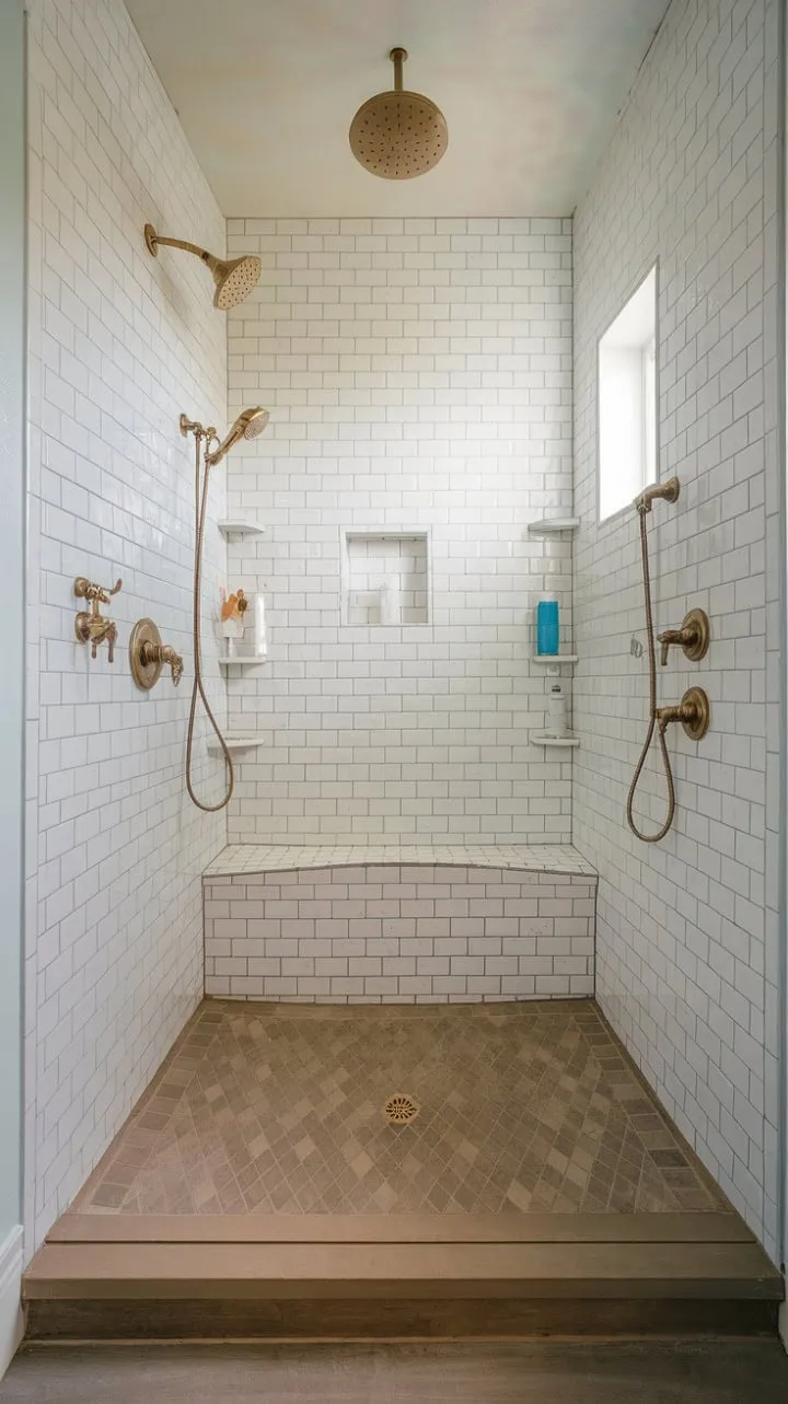 Experience a blissful escape in this compact farmhouse shower, where multiple showerheads and natural light transform simplicity into a serene spa-like retreat.