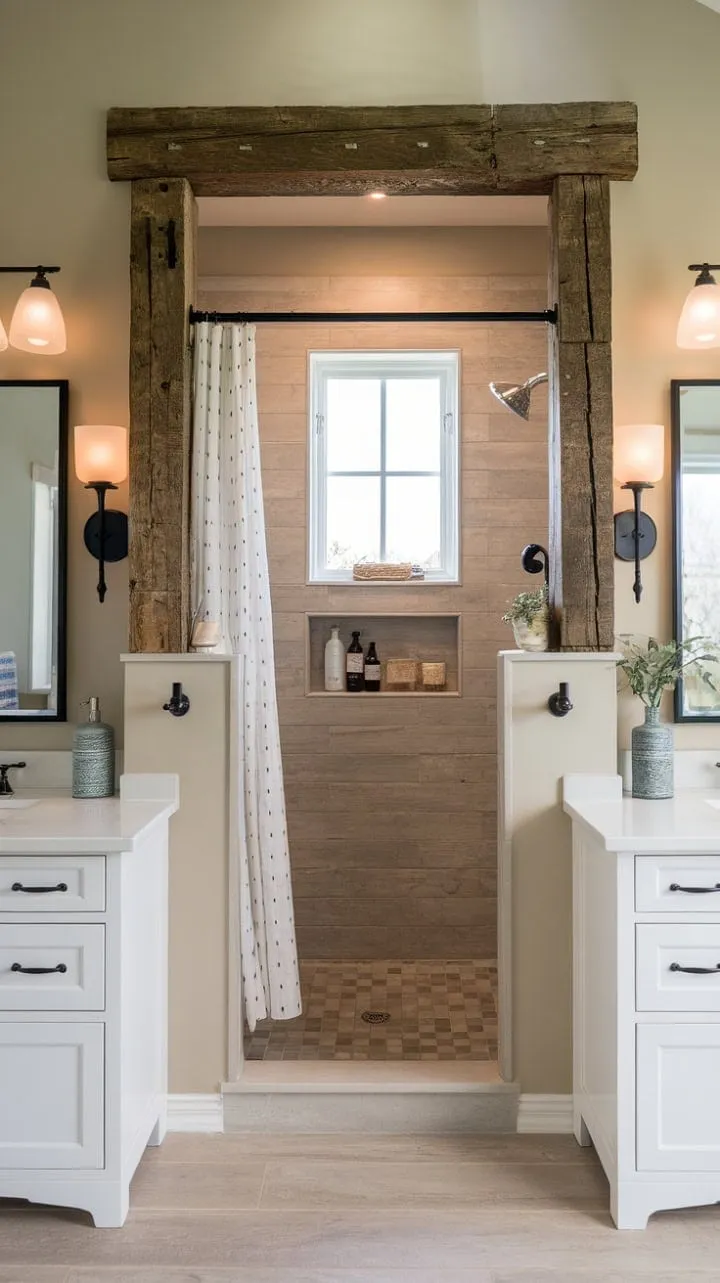 Awakening in a serene farmhouse bathroom, where warm beige walls, a white vanity, and a rustic wooden beam harmonize with natural light to create a tranquil retreat.