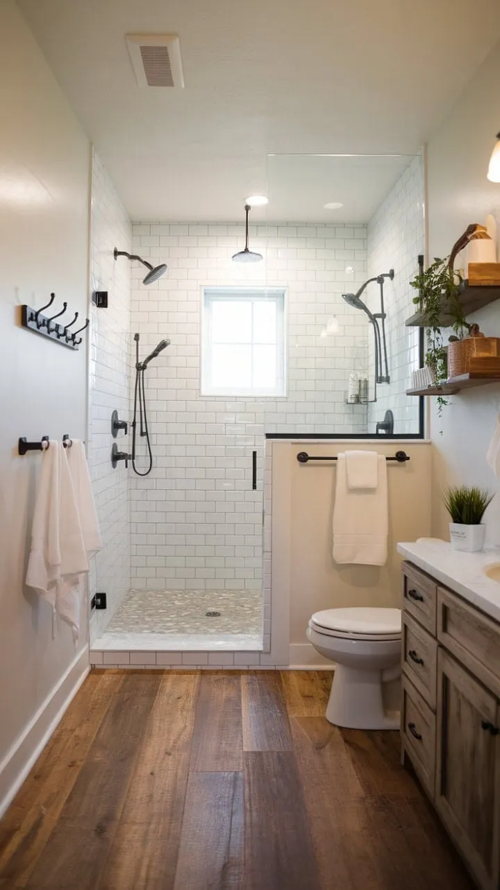 This master bathroom harmoniously fuses rustic charm and modern luxury, featuring a spacious doorless shower and serene decor that invites a tranquil retreat.