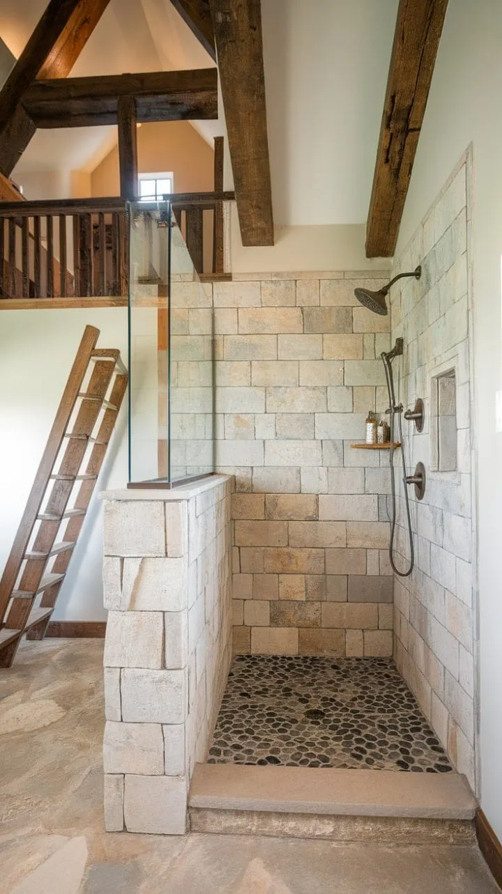 Experience serene relaxation in this farmhouse master bath, where rustic charm meets spa-like tranquility with natural stone walls and a walk-in shower.