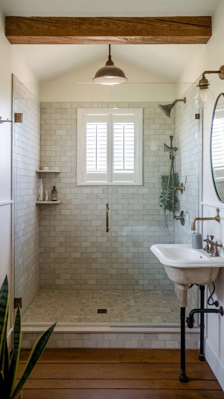 Wake up in a serene farmhouse-inspired master bathroom where natural light dances on wooden floors, vintage fixtures shine, and a doorless shower invites tranquility.
