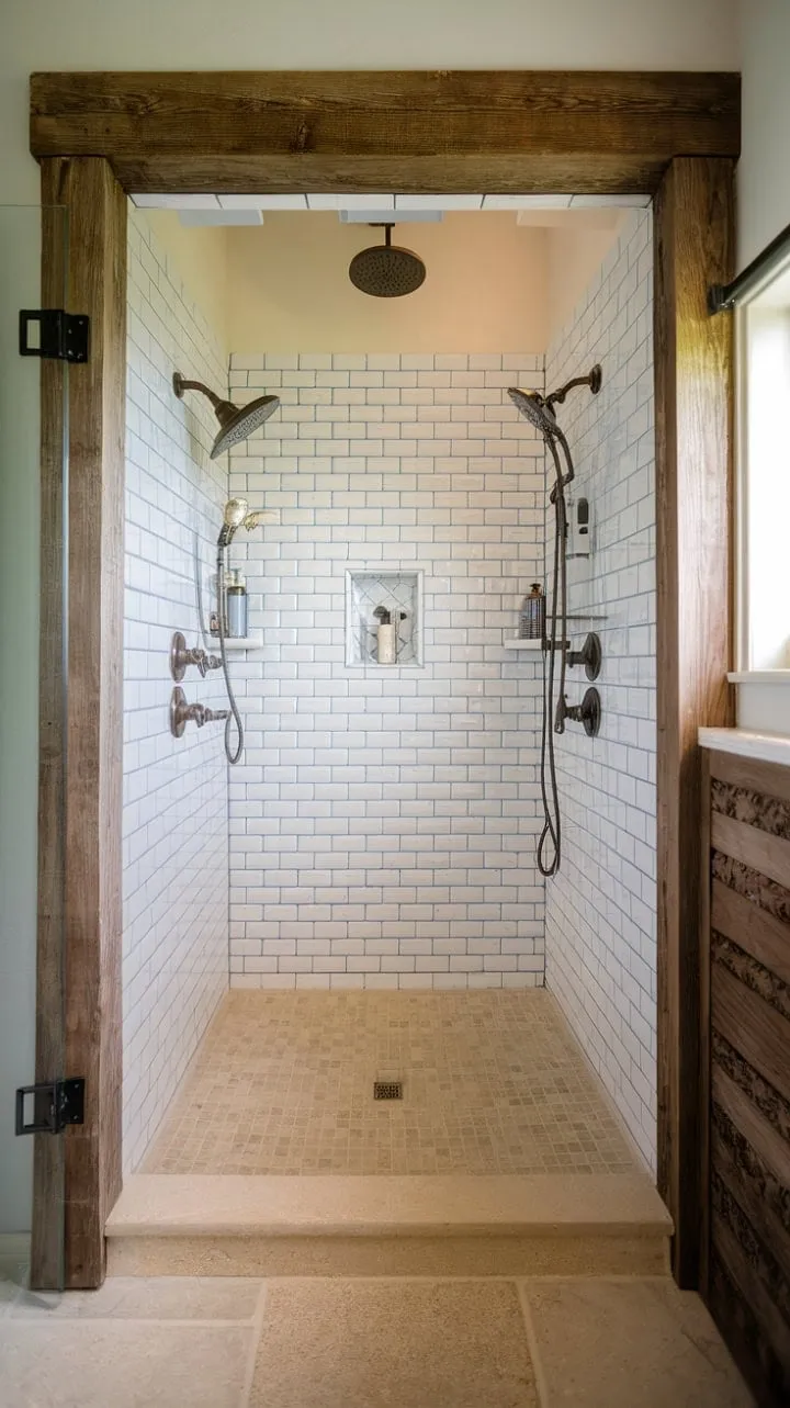 Experience a rejuvenating escape in this farmhouse-style walk-in shower, where rustic charm meets spa-like serenity through its open design and soothing multiple showerheads.