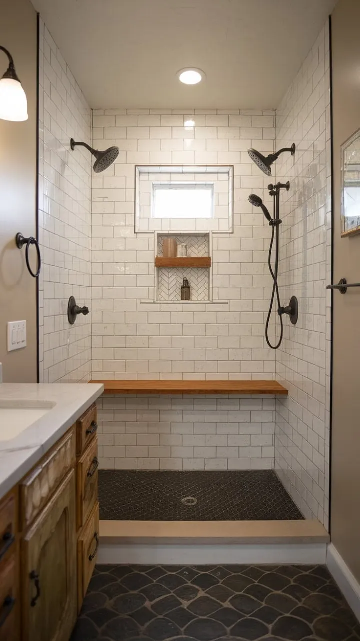 This enchanting master bathroom harmoniously blends rustic elegance and small-space charm with a doorless walk-in shower, vintage sink, and wooden shelf, creating a tranquil retreat that invites serenity.