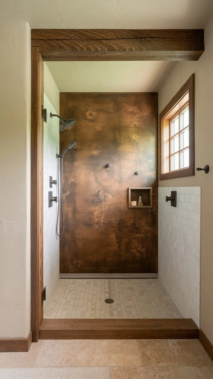 This updated master bathroom beautifully combines rustic charm with modern comfort, featuring a stunning wood-framed walk-in shower and a serene atmosphere created by natural materials.