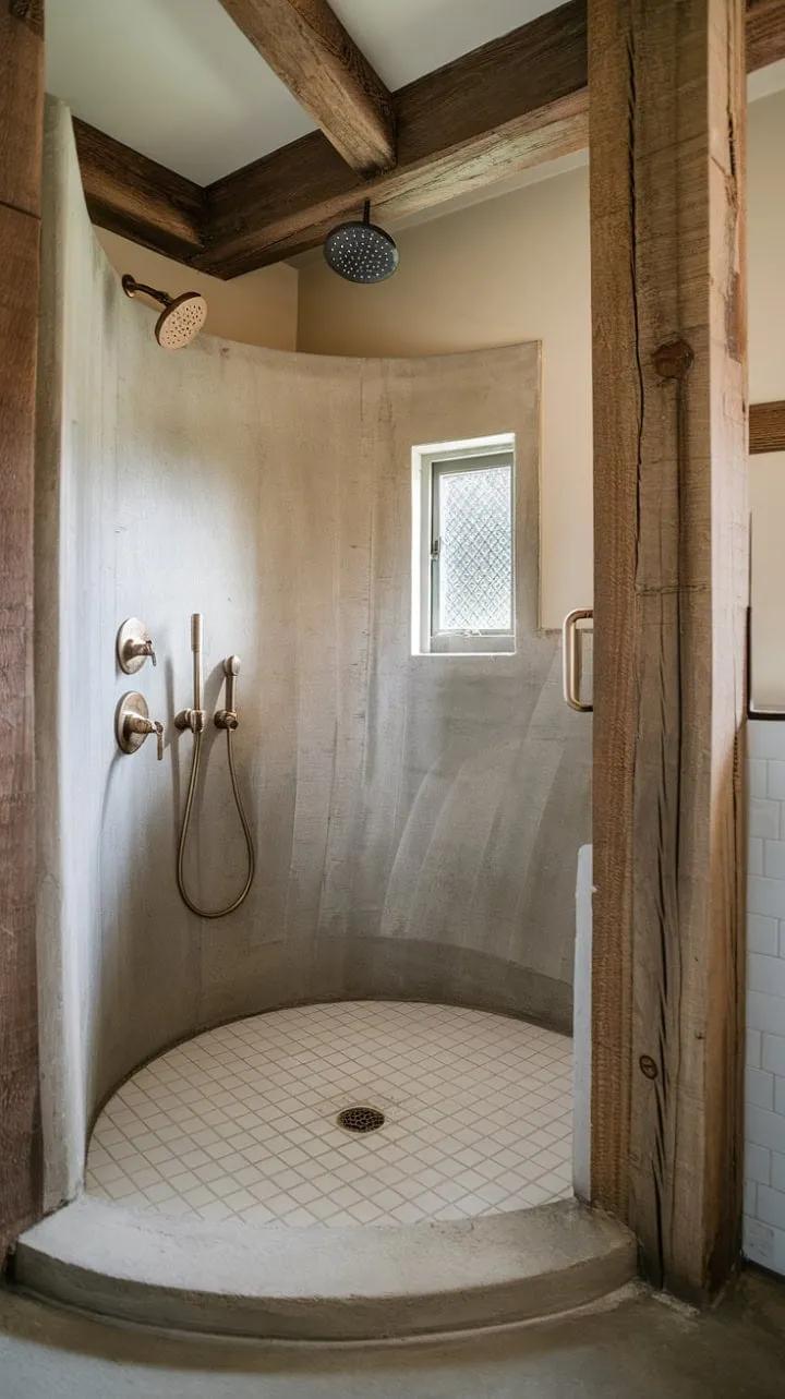 Experience a rejuvenating escape in this serene farmhouse master bath, featuring a curved concrete shower, dual showerheads, heated floors, and charming rustic details.