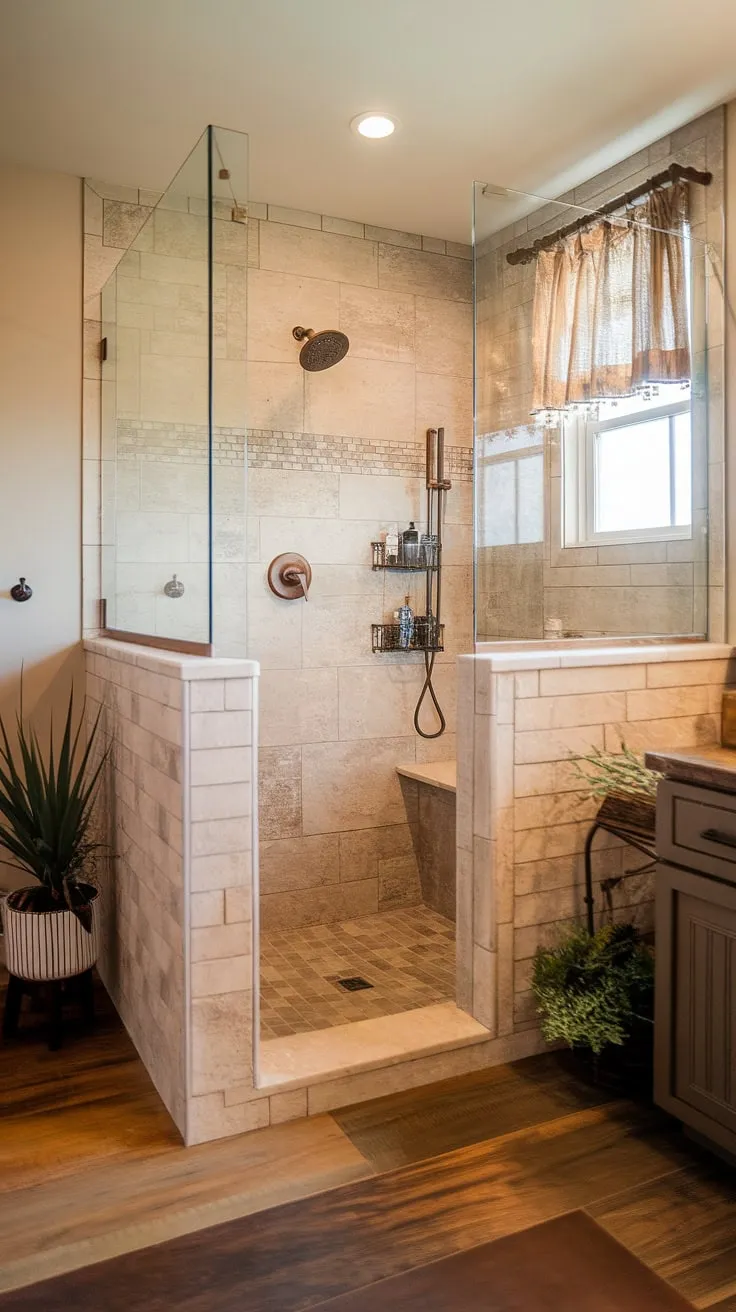 Wake up to the calming embrace of this master bathroom. The spacious, doorless shower, crafted with warm beige tiles and complemented by rustic wood flooring, creates a spa-like retreat. Natural light streams in, enhancing the feeling of peaceful rejuvenation.
