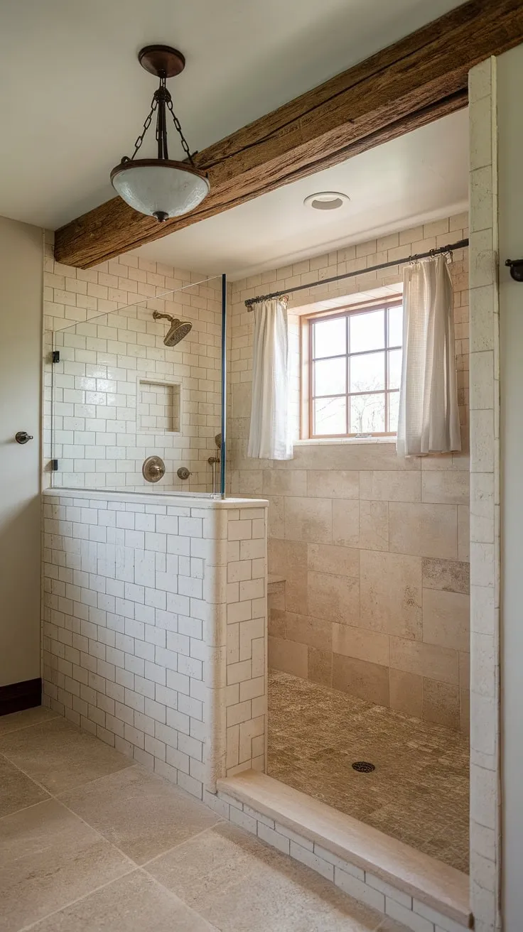 Step into serenity. This farmhouse master bath, complete with a walk-in shower and rustic wooden beam, offers a tranquil escape. The beige tile and vintage lighting create a warm and inviting atmosphere, perfect for unwinding after a long day. A small window lets in natural light, completing this peaceful sanctuary.