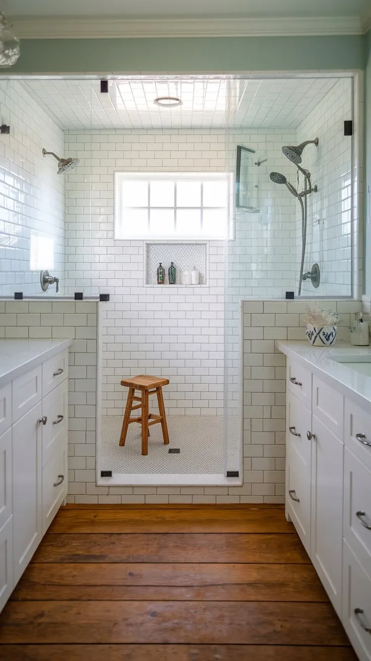 A sanctuary of calm awaits. This master bathroom boasts a stunning doorless shower, its white tiles reflecting the light and enhancing the airy feel. The wooden stool adds a touch of rustic elegance, perfectly complementing the light blue walls and white cabinetry. A truly inviting space for relaxation and rejuvenation.