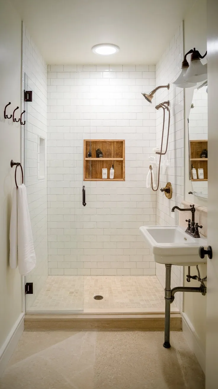 Step into serenity. This farmhouse master bath, with its open walk-in shower and charming vintage details, offers a tranquil escape. The clean white tile and simple wooden shelf create a spa-like atmosphere, perfect for unwinding after a long day. A sense of calm permeates every detail.