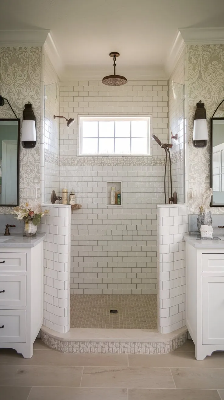 Escape to your own private oasis. This master bathroom's design seamlessly blends rustic charm with modern convenience. The doorless walk-in shower, clad in calming white tile, is a highlight, separated subtly by a half-wall. The beige tile floor and patterned wallpaper add warmth and texture, creating a space that's both inviting and sophisticated.
