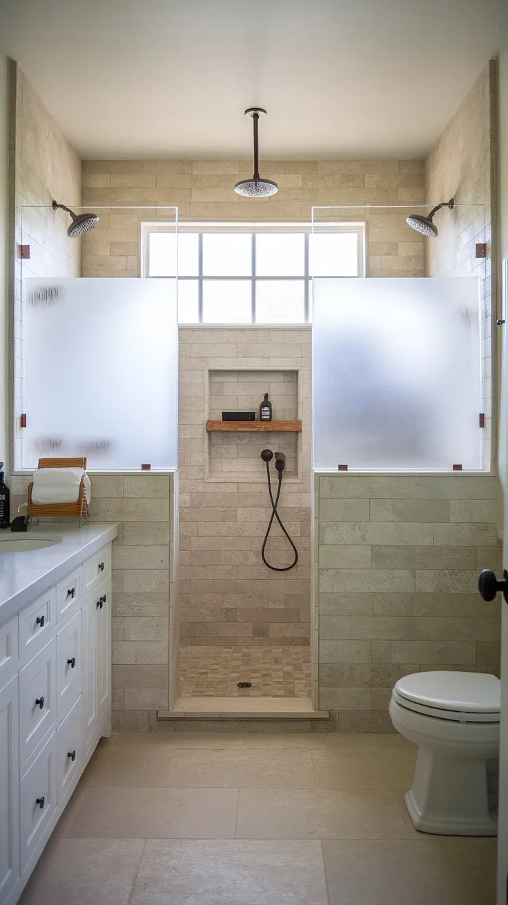 Indulge in the serene escape of this farmhouse master bathroom, where a spacious walk-in shower with rainfall and handheld showerheads awaits. The beige tile and frosted glass window create a calming oasis, perfectly complemented by the double vanity and ample storage. A true sanctuary for relaxation and rejuvenation.