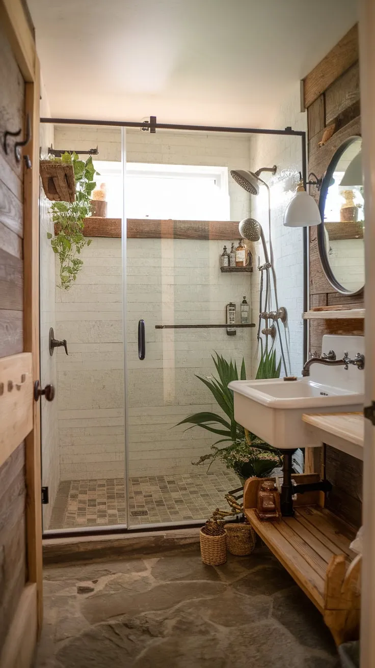 A small footprint doesn't mean sacrificing style. This master bathroom proves it with its thoughtfully designed walk-in glass shower, rustic wooden shelving, and vintage sink. The stone floor and carefully chosen plants create a spa-like atmosphere in this cozy and functional space. A testament to efficient design and rustic elegance.