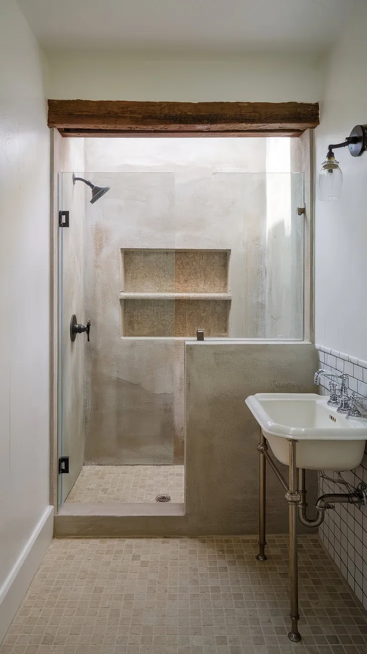 This master bathroom effortlessly marries rustic charm with contemporary elegance. The open concrete shower, a stunning focal point, is complemented by the vintage-style sink and subtly textured beige tile floor. The simple wooden shelf above the shower adds a touch of warmth, creating a spa-like atmosphere perfect for unwinding.