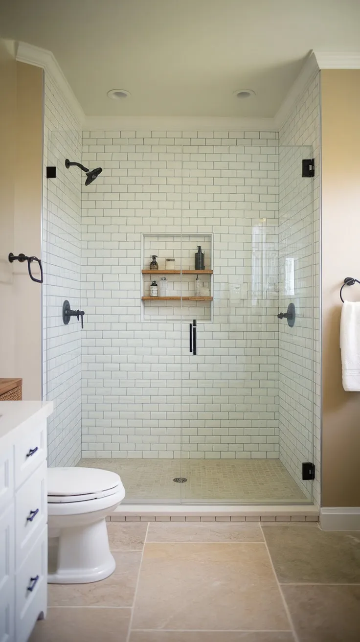 Indulge in the simple luxury of this farmhouse bathroom. The doorless walk-in shower, clad in calming white tiles and accented by a rustic wooden shelf, is the perfect place to unwind. The neutral color palette and thoughtful design create a space that feels both inviting and sophisticated.