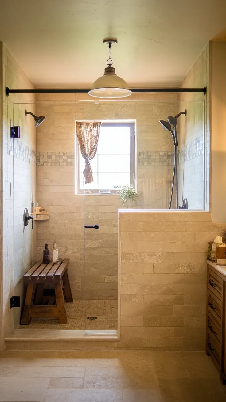 Indulge in the simple pleasures. A charming farmhouse bathroom featuring a spacious, doorless walk-in shower, complete with a built-in wooden bench. The warm, inviting space is enhanced by the soft beige tiles and a quaint window, creating A sanctuary for relaxation and rejuvenation.
