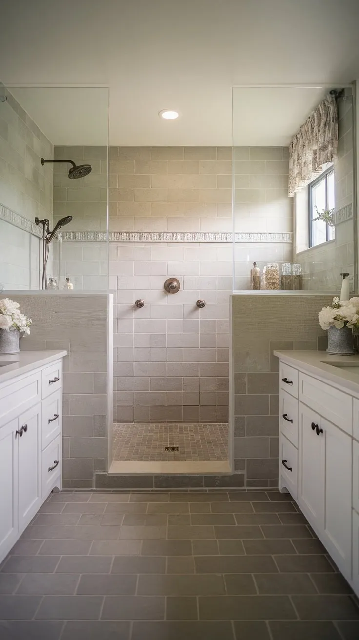 Step into tranquility. This farmhouse master bathroom boasts a spacious, doorless walk-in shower with dual showerheads, creating a spa-like experience. The neutral color palette and thoughtful details, like the white double vanity and window with a sheer curtain, complete the serene atmosphere. A perfect blend of rustic charm and modern luxury.