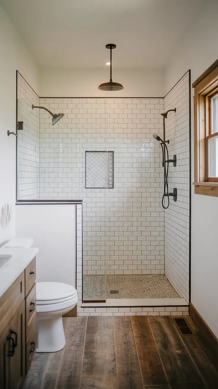 Indulge in the simple elegance of this master bathroom retreat. The expansive, doorless walk-in shower, crafted from beautiful cement tiles, is a focal point of calm. Natural light streams in through the wooden framed window, complementing the warm wood floors and white walls. A sanctuary for relaxation and rejuvenation.