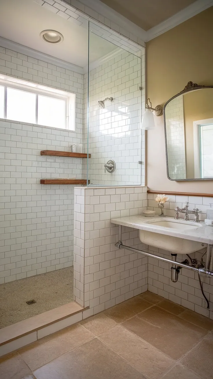Indulge in the simple elegance of this master bathroom. The doorless walk-in shower, clad in calming white tiles, is a sanctuary of relaxation. A thoughtfully placed wooden shelf adds a touch of rustic charm, while the beige walls and vintage sink create a timeless appeal. A true haven for rejuvenation.