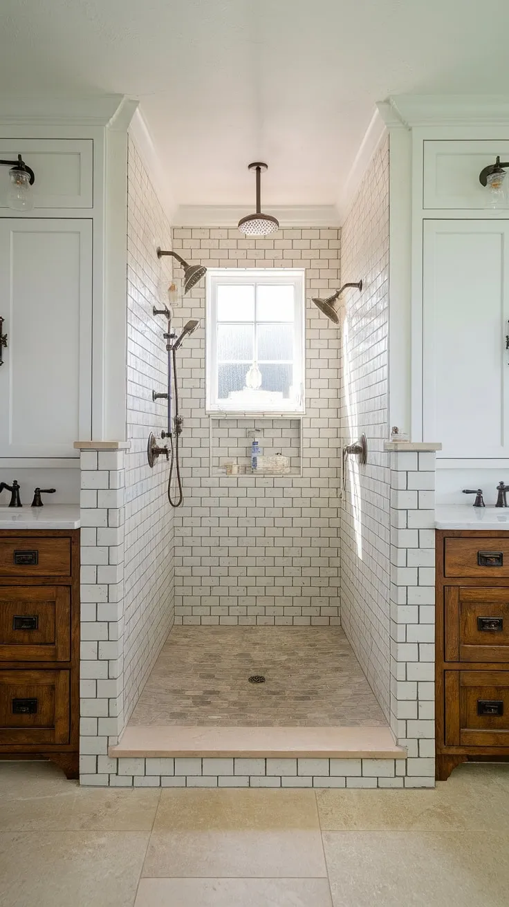 Step into tranquility. This master bathroom's walk-in shower, featuring multiple showerheads and a rainfall showerhead, is a haven of relaxation. The exposed brick wall adds a touch of rustic elegance to the bright, airy space, creating a perfect blend of comfort and style.