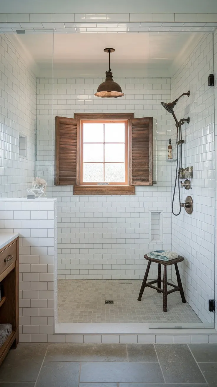 Step into serenity. This farmhouse master bathroom's walk-in shower, crafted from pristine white tiles and illuminated by a rustic pendant light, offers a spa-like escape. The grey tile floor and vintage stool add a touch of charming imperfection, while the window with wooden shutters lets in the perfect amount of natural light. A perfect blend of rustic charm and modern comfort.