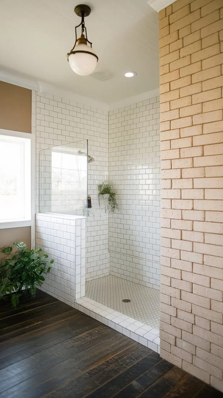 A tranquil retreat awaits. This master bathroom's doorless shower, a haven of white tile, seamlessly blends with the rustic charm of exposed brick and dark wood flooring. The vintage light fixture casts a warm glow, while a small plant adds a touch of nature to this calming sanctuary. A space designed for relaxation and rejuvenation.