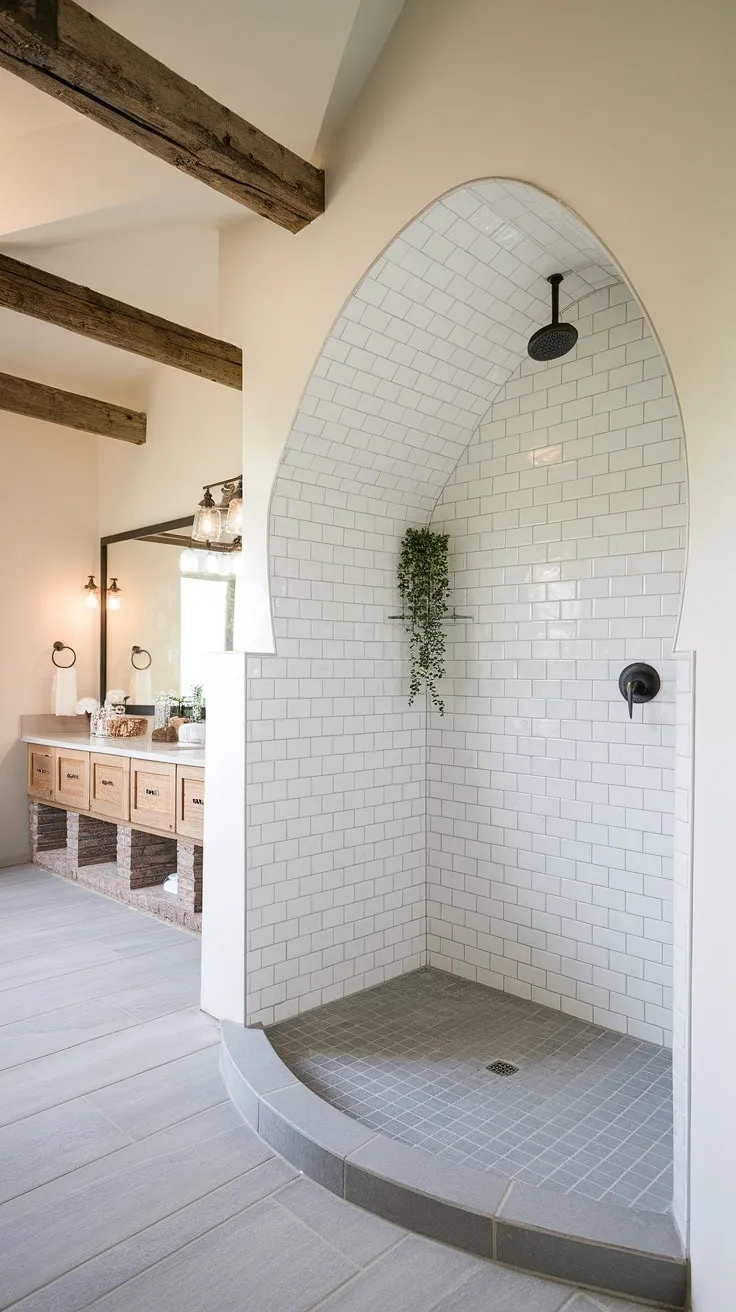 The gentle curve of the shower wall creates a unique and inviting focal point in this bright and airy farmhouse bathroom. The combination of gray tile, white subway tile, and exposed wood beams offers a sophisticated rustic charm. A small plant adds a touch of nature, completing this tranquil retreat. A perfect blend of style and comfort.