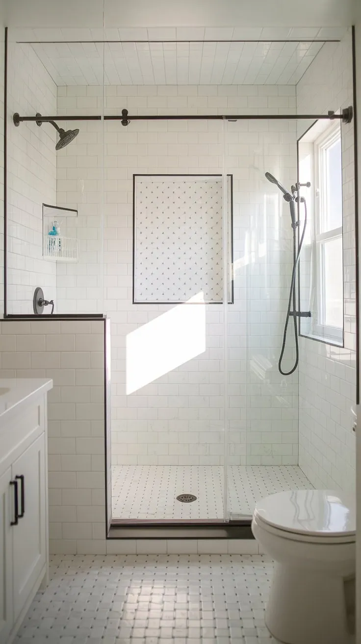Step into serenity. This farmhouse-style walk-in shower, featuring a doorless design and bright white tile, transforms a small bathroom into a spa-like oasis. The minimalist aesthetic and natural light create a feeling of spaciousness and calm. A perfect example of how a little renovation can make a big impact.