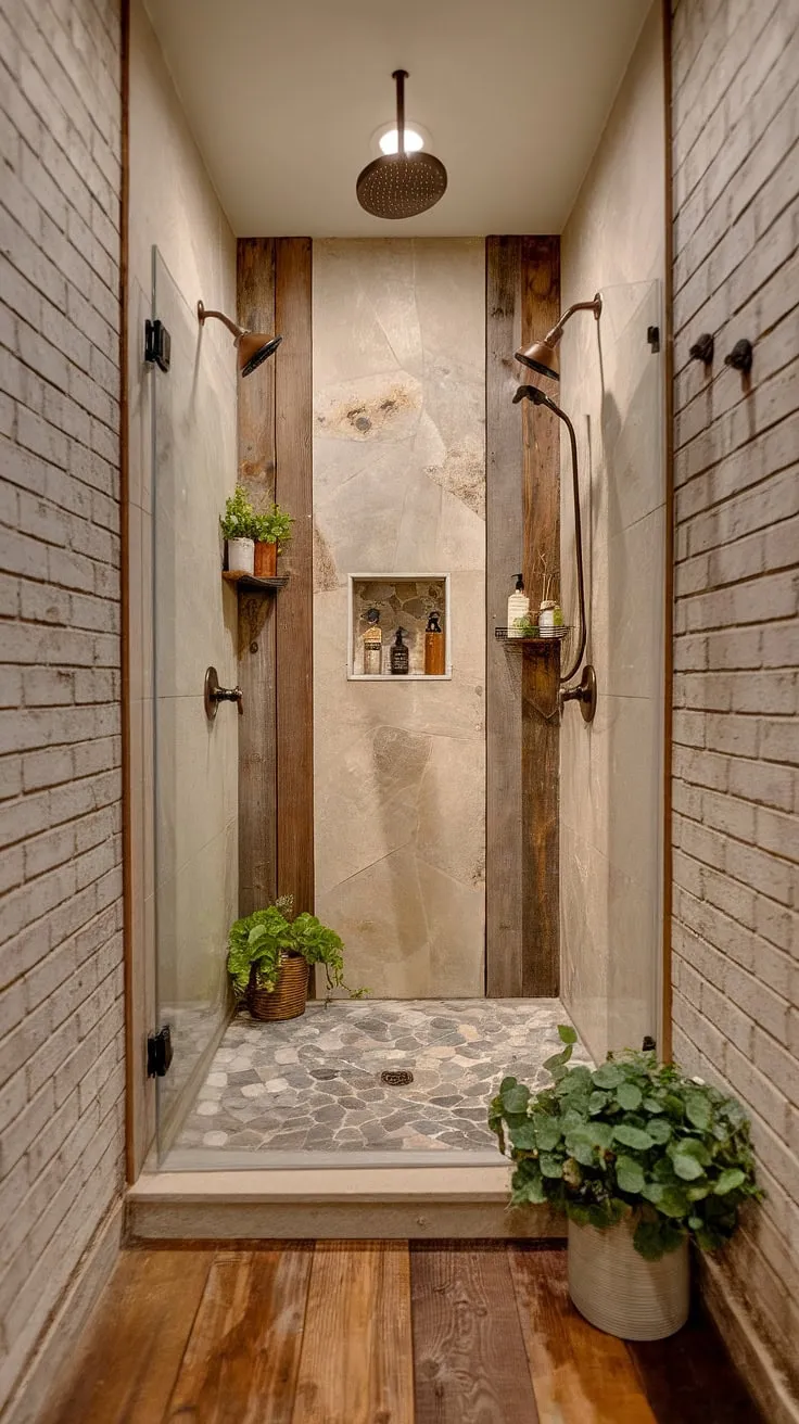 A sanctuary of serenity awaits. This cozy master bathroom boasts a doorless walk-in shower, crafted from natural stone and wood, creating a spa-like experience in a compact space. The rustic brick wall and wooden floors enhance the farmhouse charm, making it the perfect place to unwind.