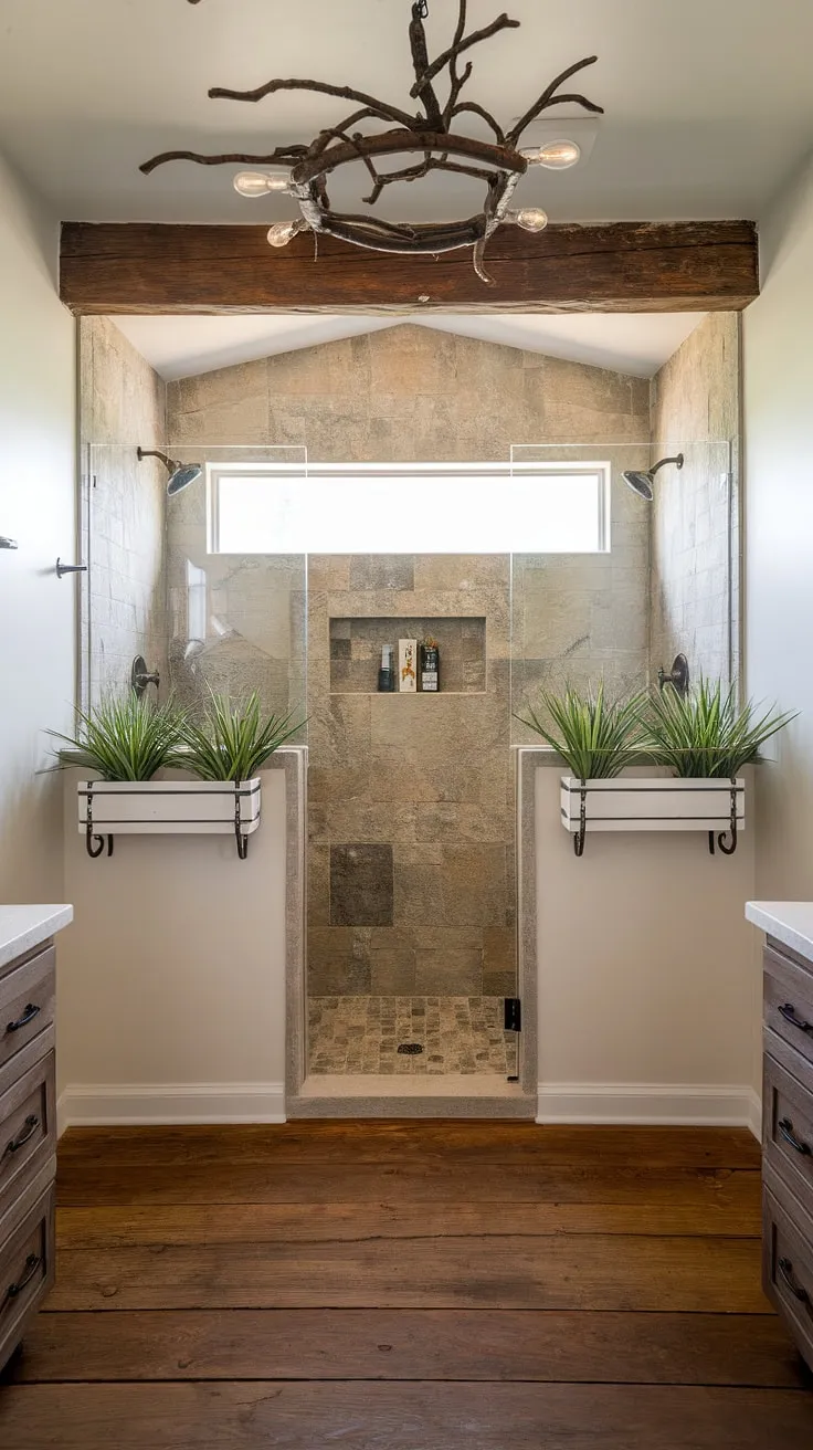 Escape to your own private oasis. This master bathroom boasts a stunning, doorless walk-in shower of natural stone, perfectly complementing the rustic wooden floors and white walls. The addition of potted plants and a charming branch chandelier creates a peaceful and a luxurious retreat.