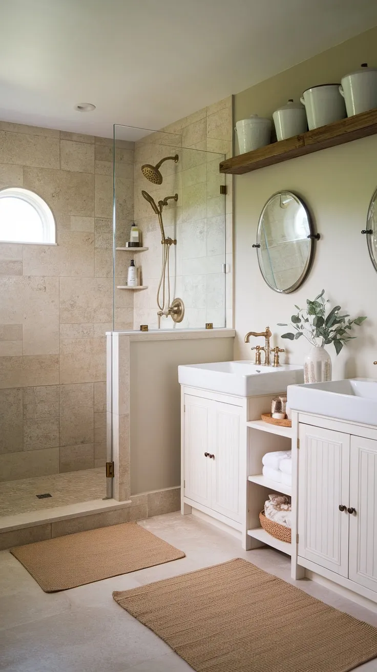 Indulge in the serene simplicity of this farmhouse master bathroom. The open walk-in shower, crafted from warm beige tiles, seamlessly flows into the calming grey walls, creating a spa-like sanctuary. Double vanities with gold accents and a cozy rug complete this tranquil retreat. A perfect blend of rustic charm and modern elegance.