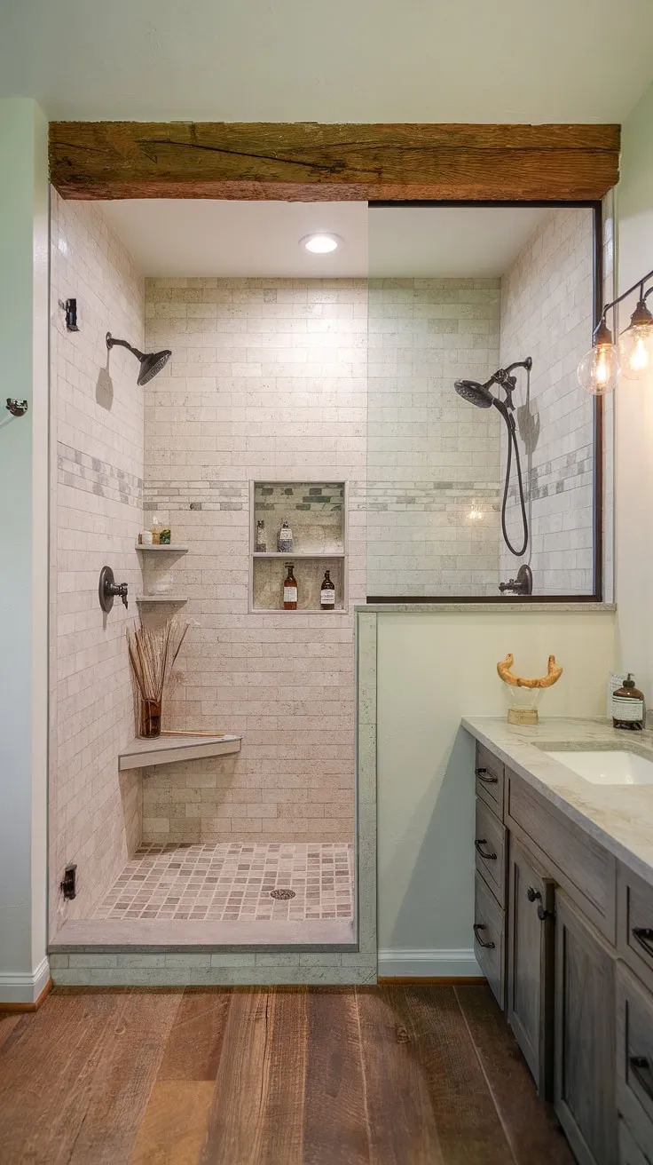 Step into your own private oasis. This master bathroom's design seamlessly blends farmhouse aesthetics with luxurious comfort. The spacious, doorless shower, featuring multiple showerheads and a built-in seat, is a sanctuary for relaxation. The half-wall with a wooden beam adds a touch of rustic charm, while the wooden floors and vintage lighting complete the idyllic setting.