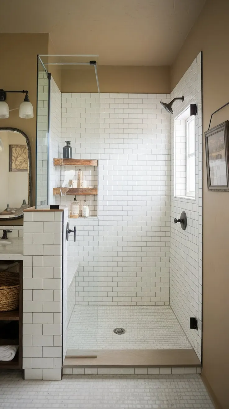 Step into serenity. This vintage-inspired master bath, with its walk-in shower and calming beige walls, offers a tranquil escape. The simple elegance of the white tile and the thoughtful addition of a wooden shelf create a space of understated luxury. A perfect blend of old-world charm and modern comfort.