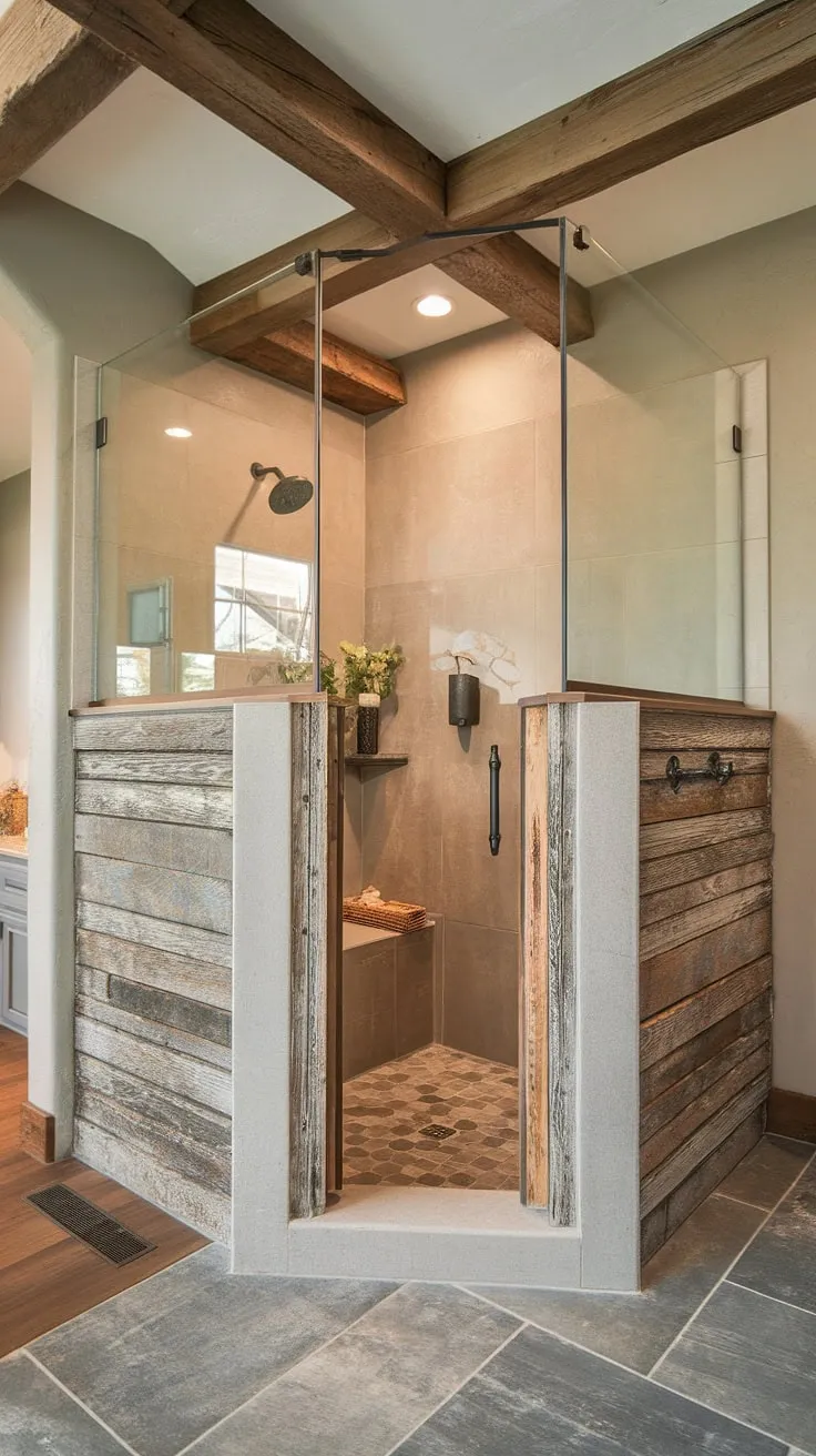 Indulge in the rustic elegance of this farmhouse bathroom. A thoughtfully designed, doorless walk-in shower, featuring weathered wood and a cozy built-in seat, offers a spa-like experience. The grey tile floor and textured walls complete the inviting atmosphere, creating a sanctuary for relaxation and rejuvenation.