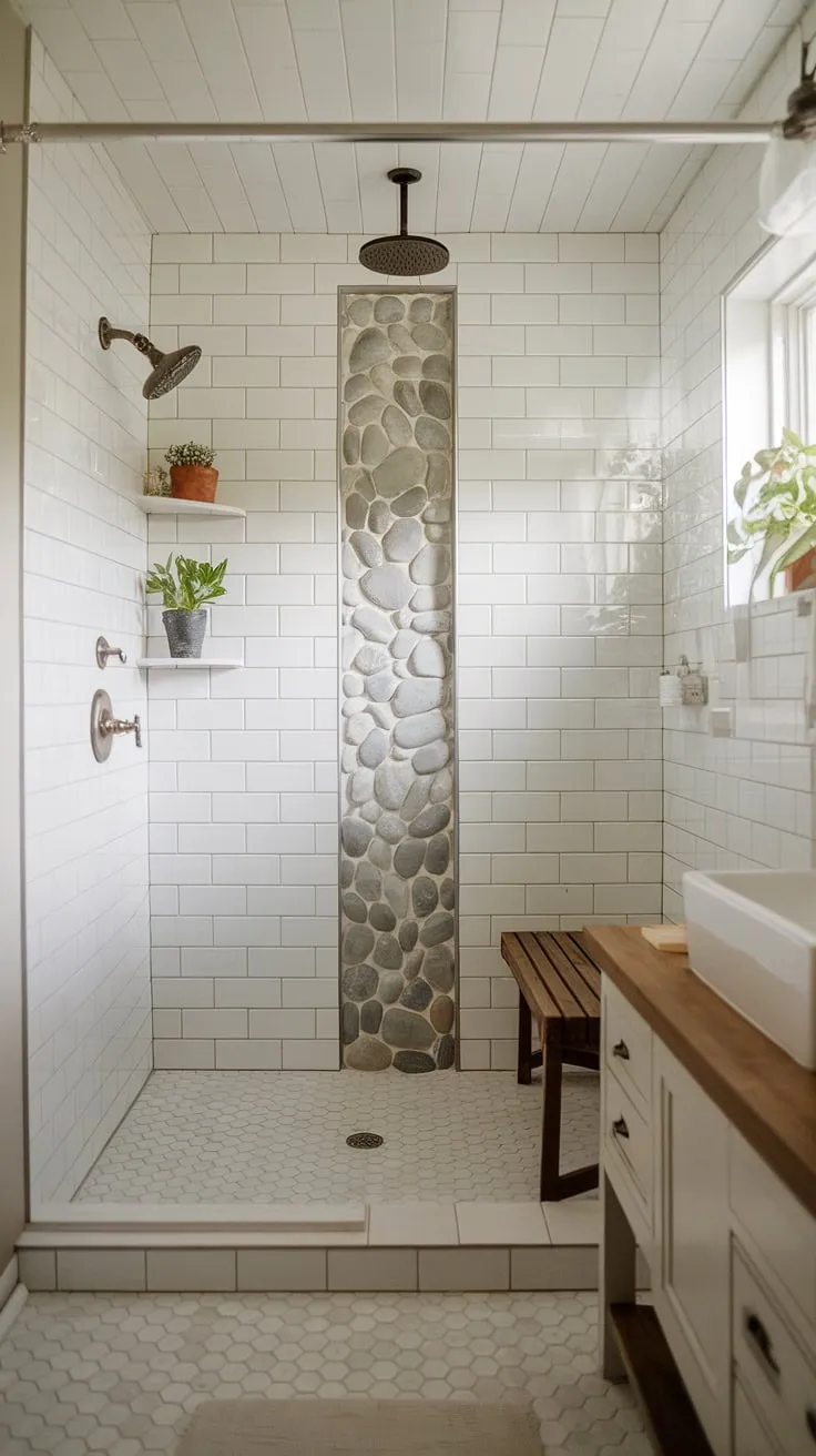 Step into serenity. This master bathroom makeover features a walk-in shower, designed without a door for an open and airy feel. The combination of white tile, natural stone accents, and a wooden bench creates a spa-like atmosphere, perfect for unwinding after a long day. A simple yet elegant vanity completes the rustic charm.