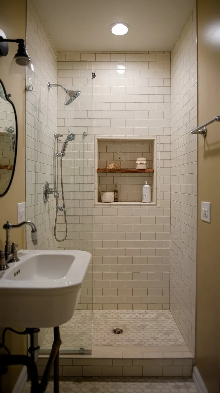 This small bathroom packs a big design punch. The doorless walk-in shower, tiled in soothing beige and white, feels spacious and airy. A rustic wooden shelf adds warmth, while the vintage sink completes the charming farmhouse aesthetic. A perfect blend of practicality and style.