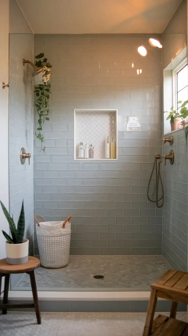 Step into serenity. This master bathroom makeover features a walk-in shower, designed without a door for an open and airy feel. The grey tile, white niche, and simple accessories create a spa-like atmosphere, perfect for unwinding after a long day. A small touch of greenery adds to the calming ambiance.