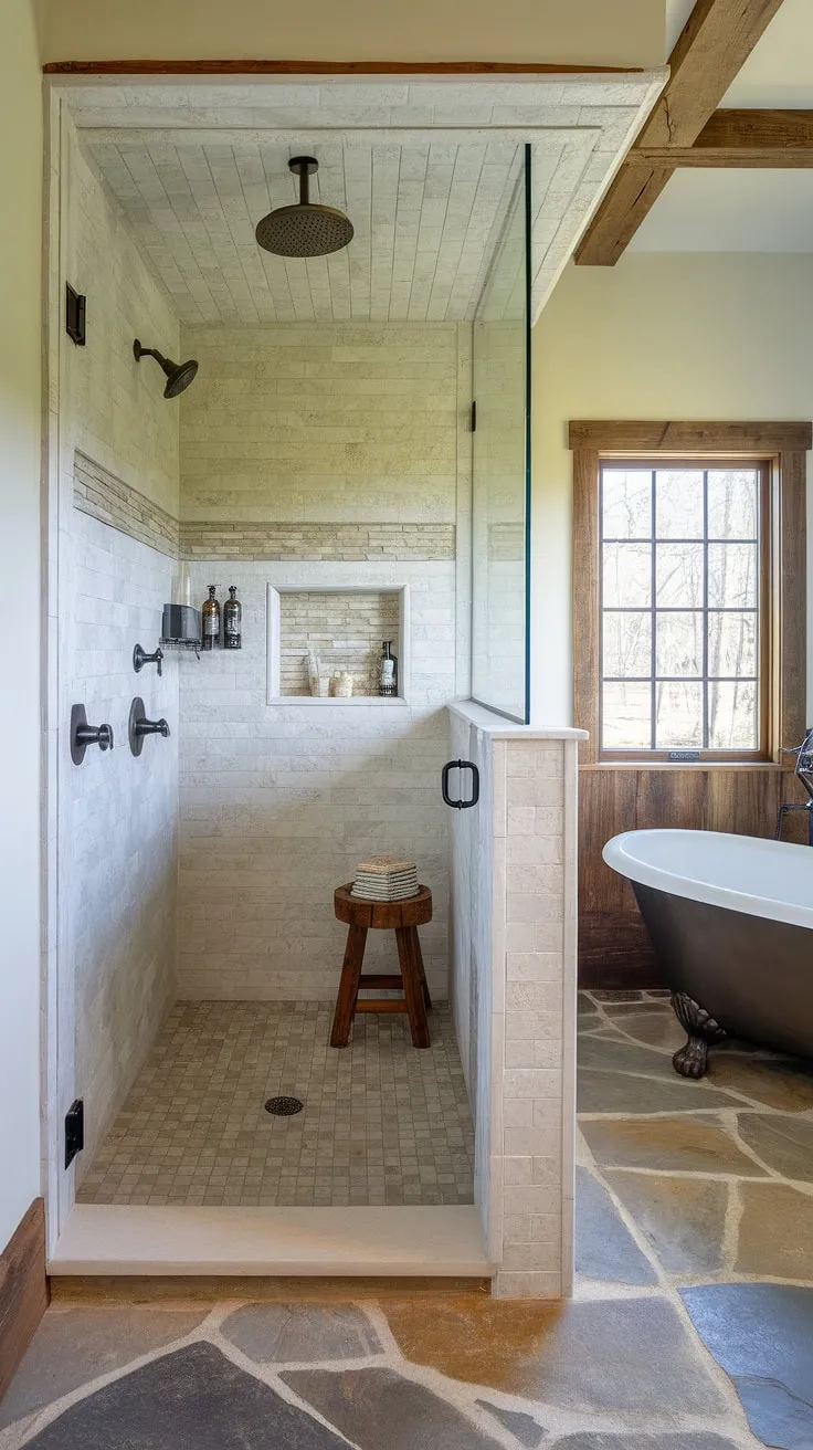 Step into tranquility. This farmhouse master bath, featuring a walk-in shower with a rainfall showerhead and a charming wooden stool, offers a spa-like experience. The freestanding tub near the window completes the serene atmosphere, a perfect blend of rustic charm and modern comfort. The natural stone flooring adds a touch of earthy elegance.
